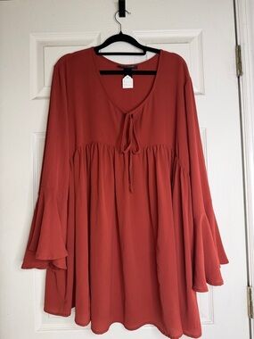 Boho Rust Bell Sleeve Tie-Neck Boho Country Hippy Tunic
